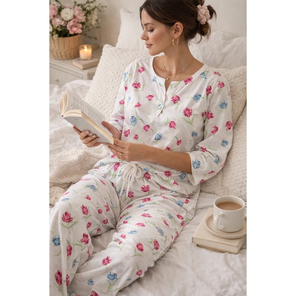 Floral‎ Tulip Pajama Set White Pink Blue Large 3/4 Sleeve Loungewear Mothers Day